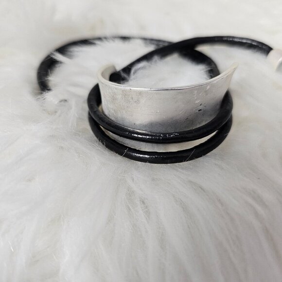 Gladiator Wrap Silver Metal Leather Black Magnetic Strand Y2K Statement Bracelet - Picture 7 of 10